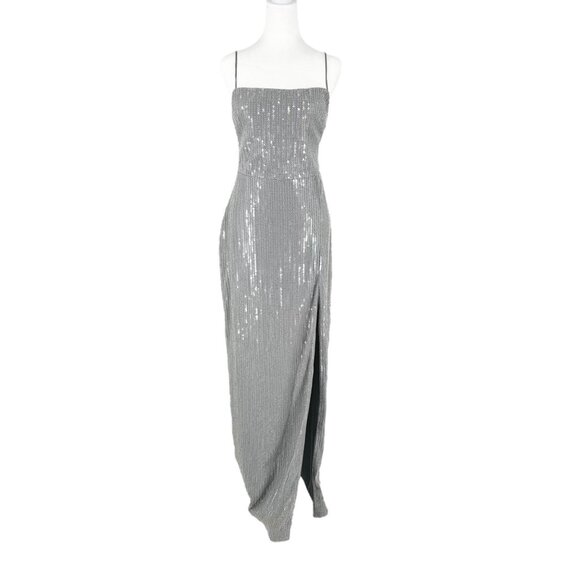 NWT Rasario Silver Sequin Embellished Square Neck Maxi Gown - Picture 2 of 10